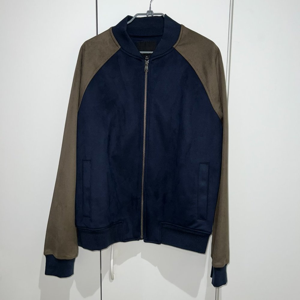 BR Banana Republic Men Vegan-Suede Bomber Jacket M Medium Preppy Navy